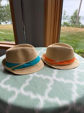 New 2 Mixit Straw Fedora Hats with Blue and Orange Bands - Kids one size